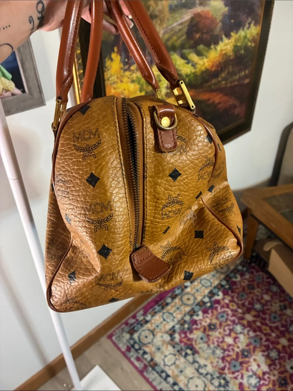 MCM Visetos Tote Satchel in Cognac and Dark Brown with Gold Hardware